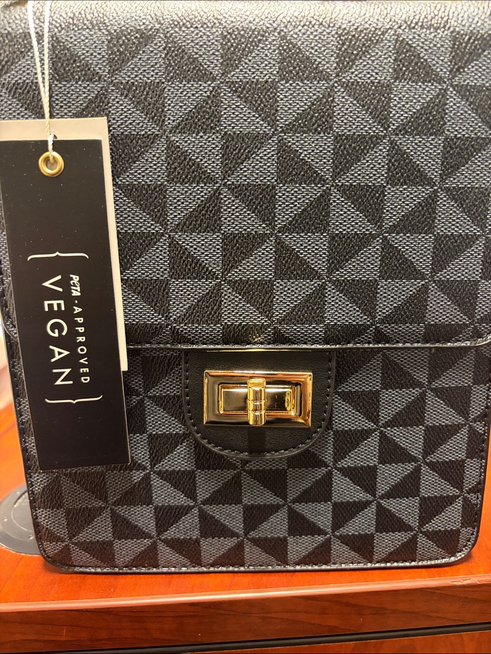 Vegan Black Textured Crossbody Bag with Gold Turn-Lock
